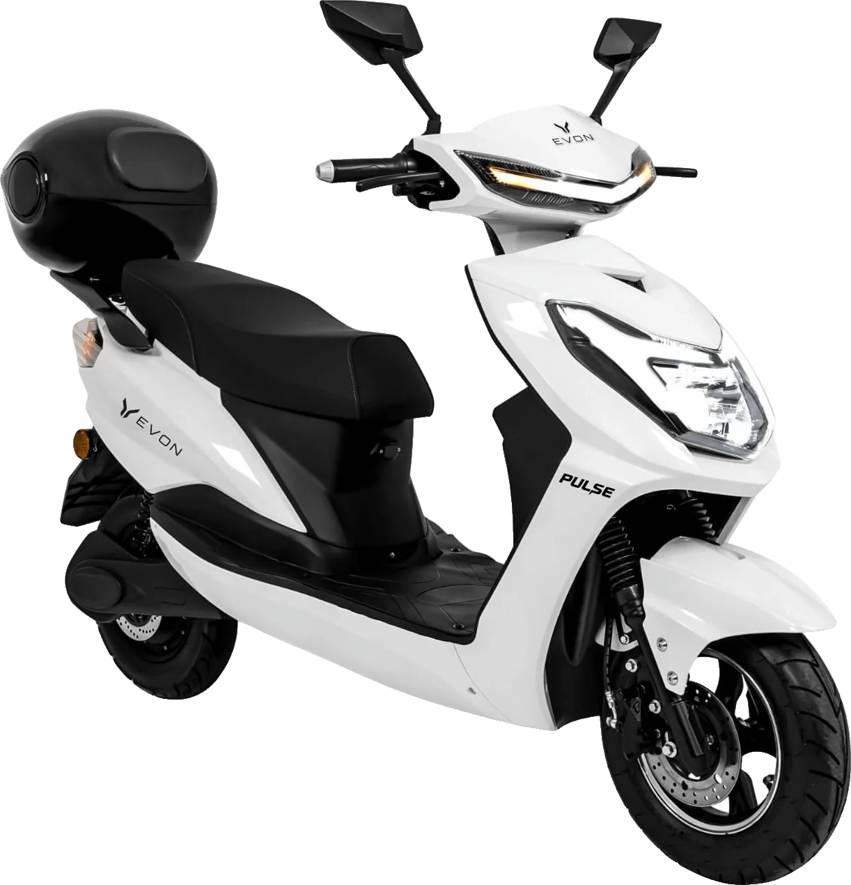 Scooter elétrica EVON Pulse branca em vista frontal lateral